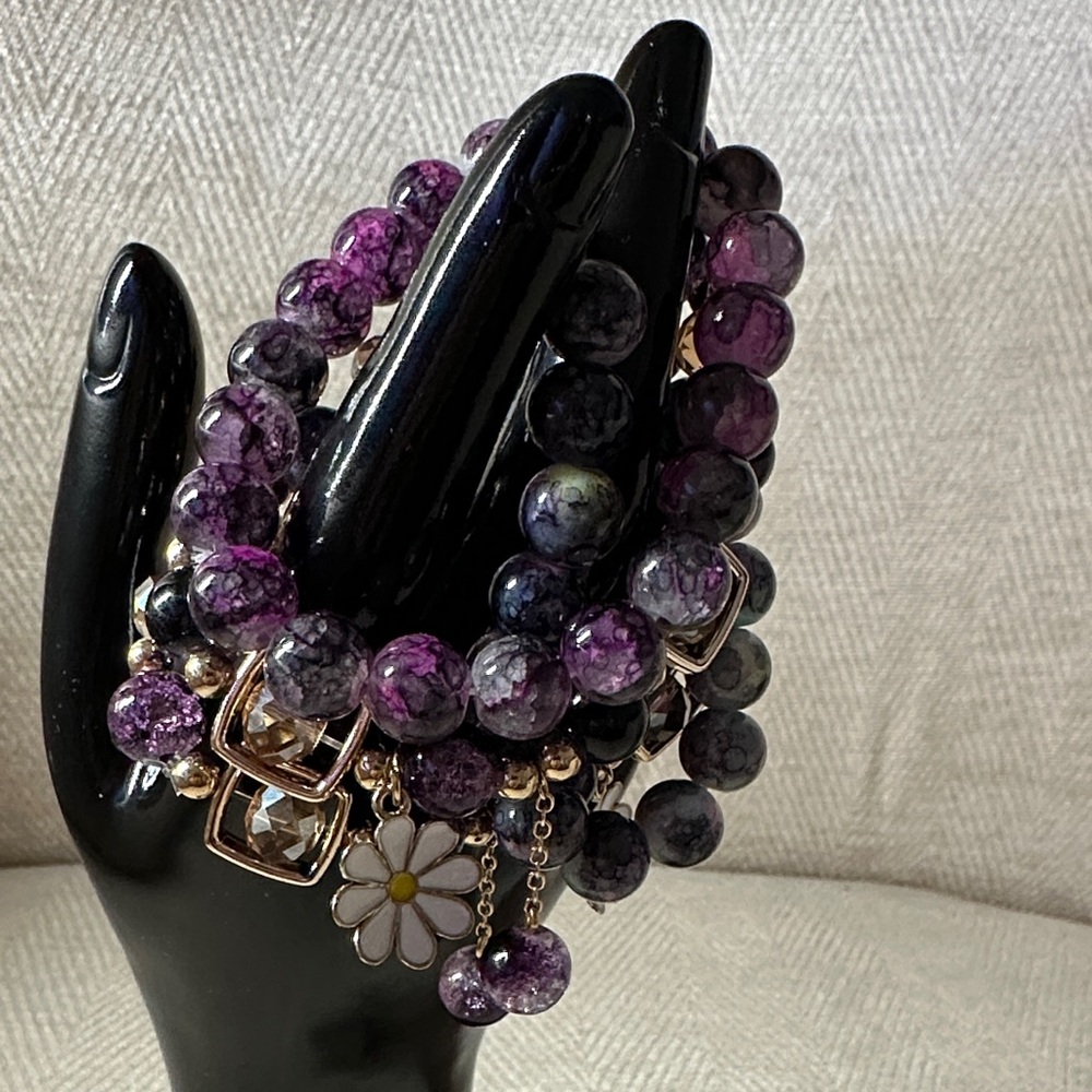 Bracelet Glass Purple and Gold Beaded Bracelet Set Of (4) - Picture 2 of 8